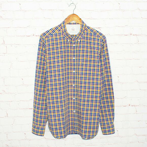 Hartford Slim Fit Button up Shirt Yellow Blue Check Cotton Size 2XL - Picture 1 of 6